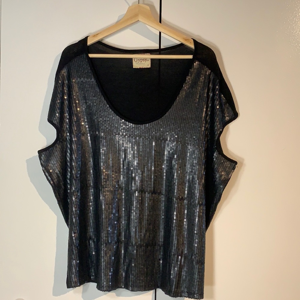 Gypsy 05 Women Black Sequin Short Sleeve Top L